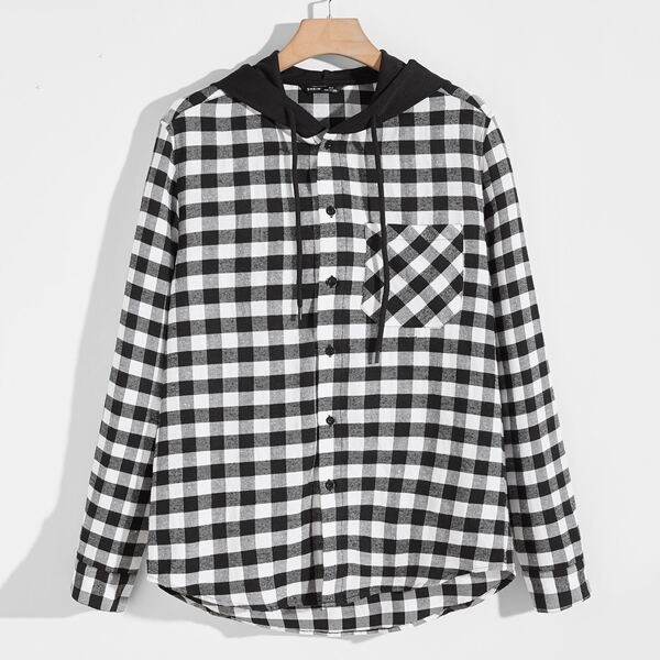 

Men Pocket Patched Buffalo Plaid Hooded Shirt, Black and white