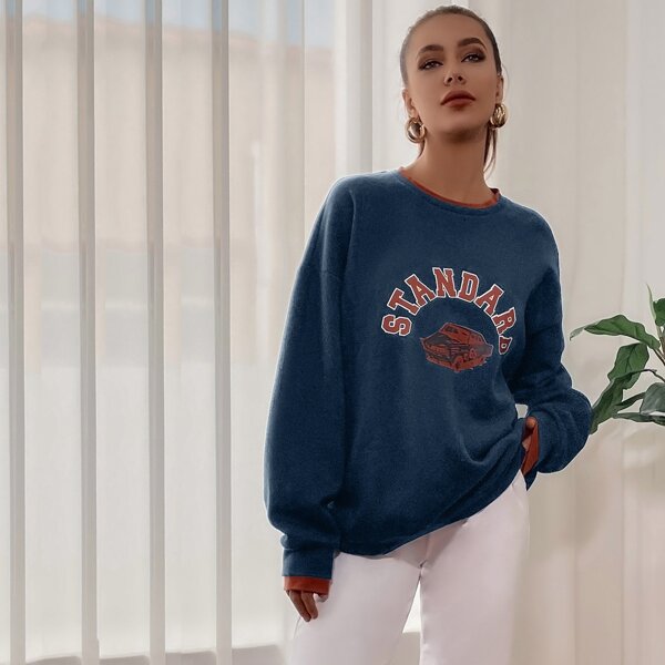 

Letter & Car Graphic Oversized Sweatshirt, Navy blue
