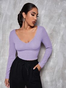 SHEIN Privé v領素色合身短版T恤 - 紫丁香色 - 查看 1