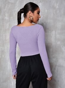 SHEIN Privé v領素色合身短版T恤 - 紫丁香色 - 查看 2