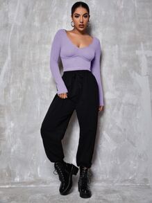 SHEIN Privé v領素色合身短版T恤 - 紫丁香色 - 查看 3
