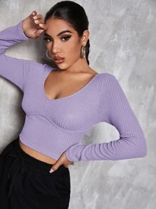 SHEIN Privé v領素色合身短版T恤 - 紫丁香色 - 查看 4