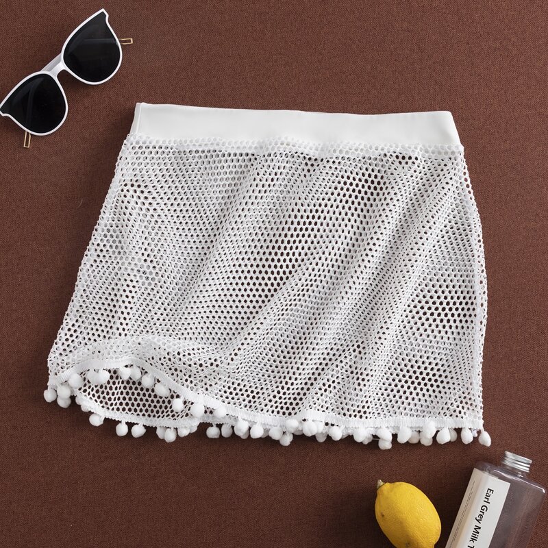 

Pom Pom Hem Hollow Out Cover Up, White