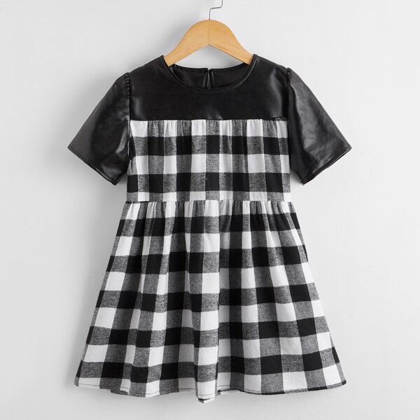 

Toddler Girls Contrast PU Buffalo Plaid Swing Dress, Black and white