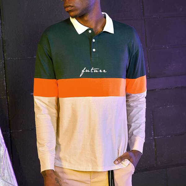 

Men Letter Graphic Colorblock Polo Shirt, Multicolor