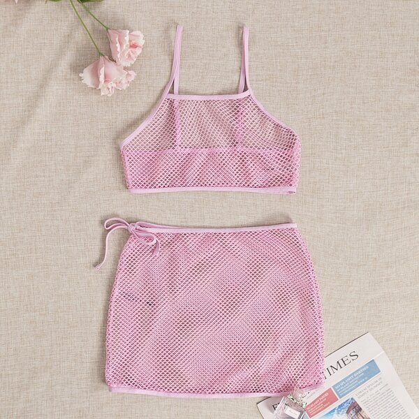 

Sheer Mesh Top With Tie Side Cover Up, Pastel baby pink