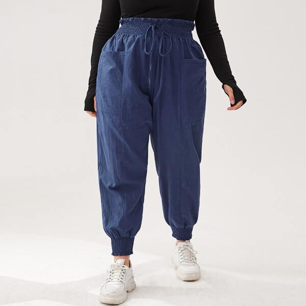

Plus Knot Paperbag Shirred Waist Solid Pants, Navy blue