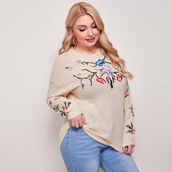 

Plus Drop Shoulder Floral Sweater, Apricot