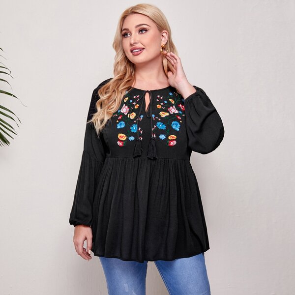 

Plus Tie Neck Embroidery Floral Lantern Sleeve Peplum Top, Black