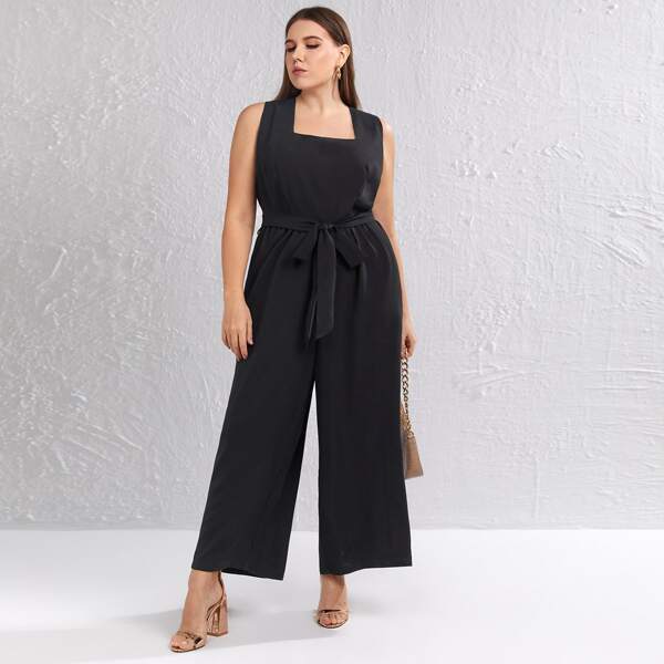 

Plus Solid Belted Wide Leg Jumpsuit, Black