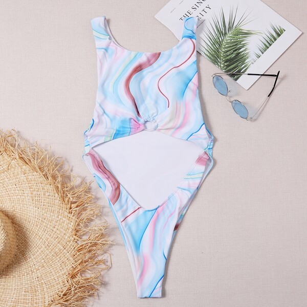 

Abstract Fluid Pattern Cut Out One Piece Swimsuit, Multicolor