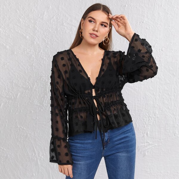 

Plus Swiss Dot Tie Front Sheer Top, Black