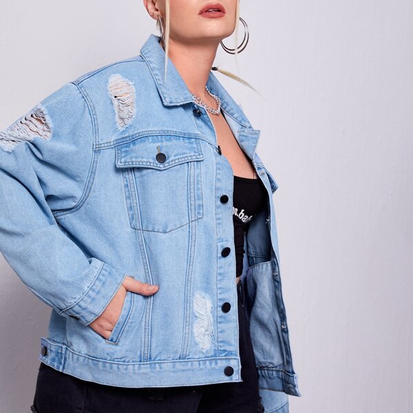 

Plus Drop Shoulder Ripped Detail Denim Jacket, Light wash