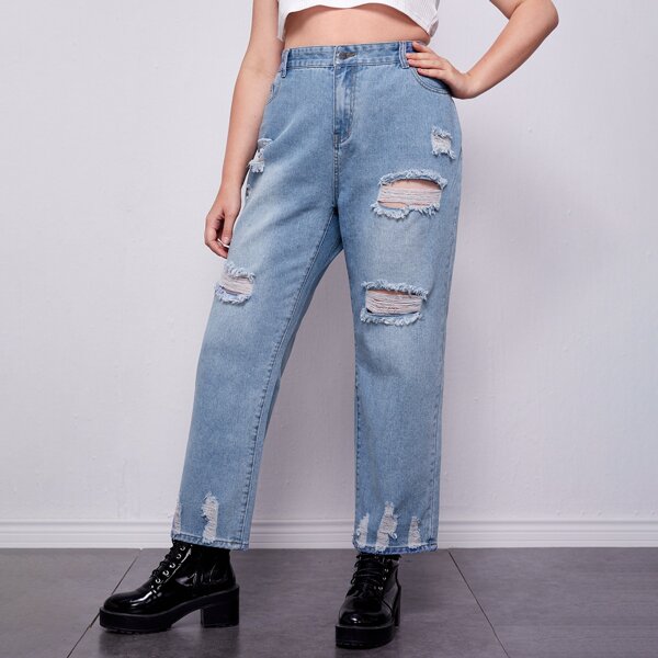 

Plus High Waist Ripped Detail Straight Leg Jeans, Light wash