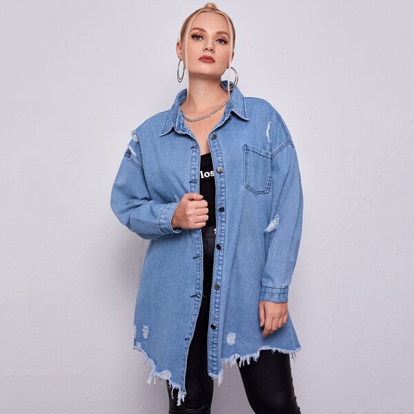

Plus Raw Hem Pocket Front Denim Jacket, Medium wash