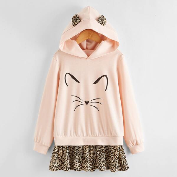 

Girls 3D Ear Design Leopard Ruffle Hem Hoodie Dress, Baby pink
