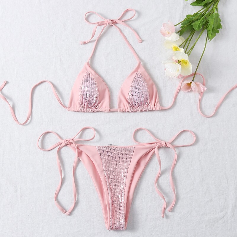

Contrast Sequin Triangle Tie Side Bikini Swimsuit, Pastel baby pink