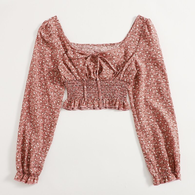 

Ditsy Floral Shirred Crop Blouse, Pink
