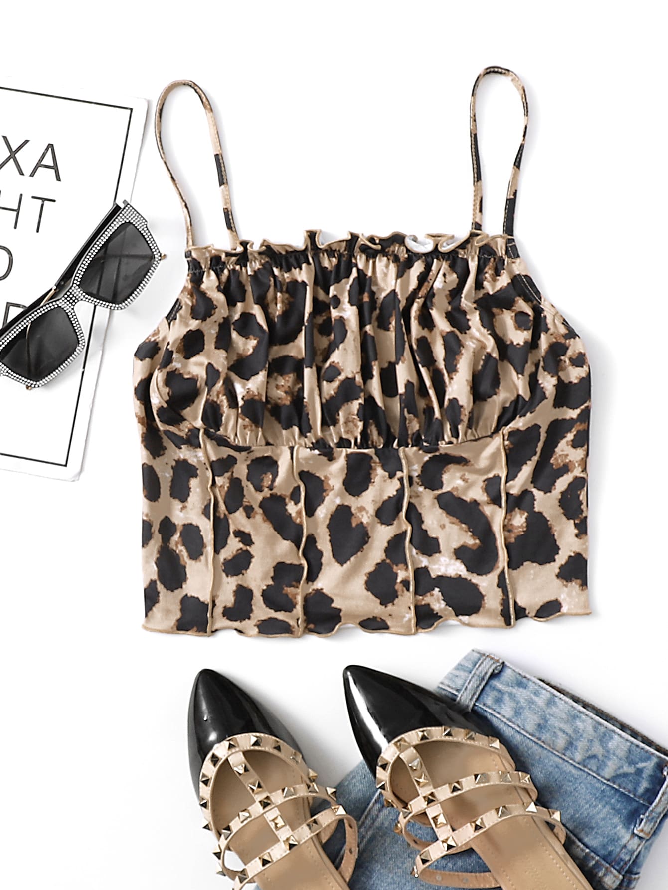 Ruched Bust Frill Detail Leopard Cami Top thumbnail