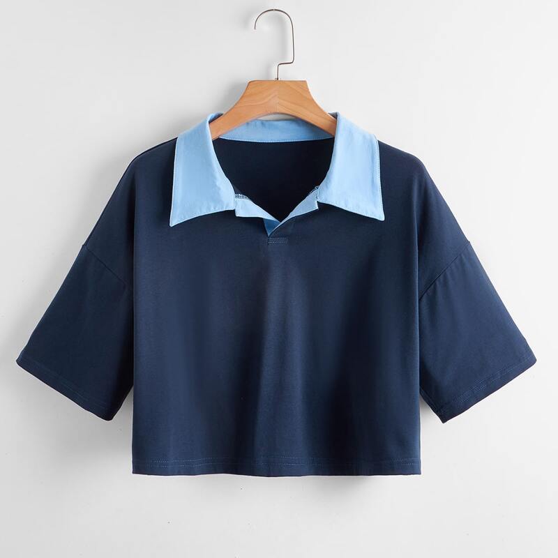 

Contrast Collar Crop Tee, Navy blue