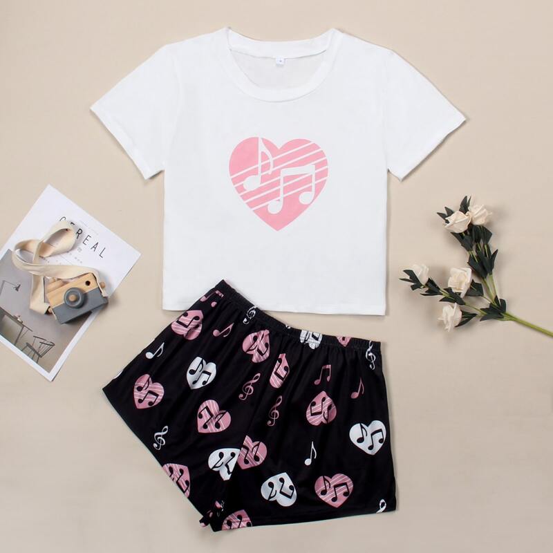 

Heart & Music Graphic Print Pajama Set, Black and white