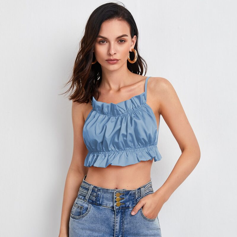

Ruffle Trim Tied Backless Cami Top, Dusty blue