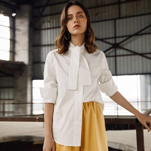 

Tie Neck Curved Hem Solid Blouse, White