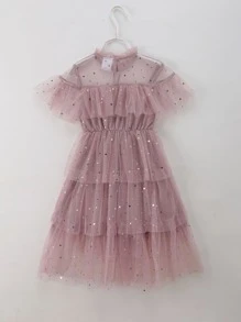 SHEIN Vestido De Malla Con Cuello De Encaje Fruncido, Con Volantes Galácticos Para Niñas Adolescentes - Rosa vieja - Ver 2
