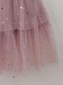 SHEIN Vestido De Malla Con Cuello De Encaje Fruncido, Con Volantes Galácticos Para Niñas Adolescentes - Rosa vieja - Ver 3