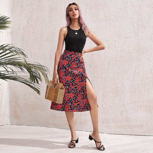 

Zipper Side Split Thigh Floral Skirt, Multicolor