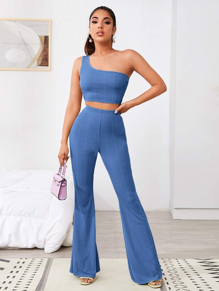 SHEIN BAE One Shoulder Slim Crop Top & Flare Trousers Set - Dusty Blue - View 1
