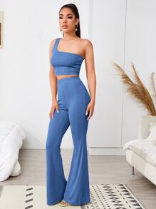 SHEIN BAE One Shoulder Slim Crop Top & Flare Trousers Set - Dusty Blue - View 5