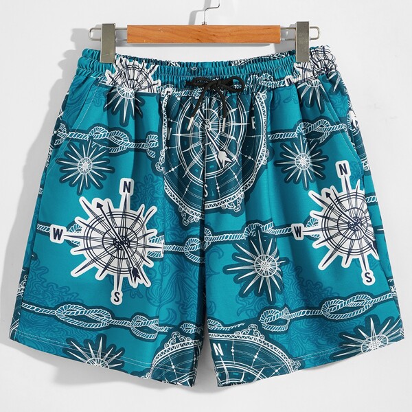 

Men Clock Print Drawstring Waist Shorts, Cadet blue