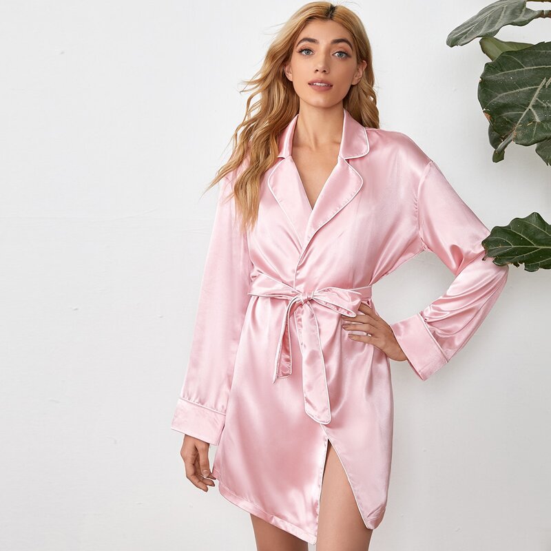 

Satin Contrast Binding Belted Night Robe, Baby pink