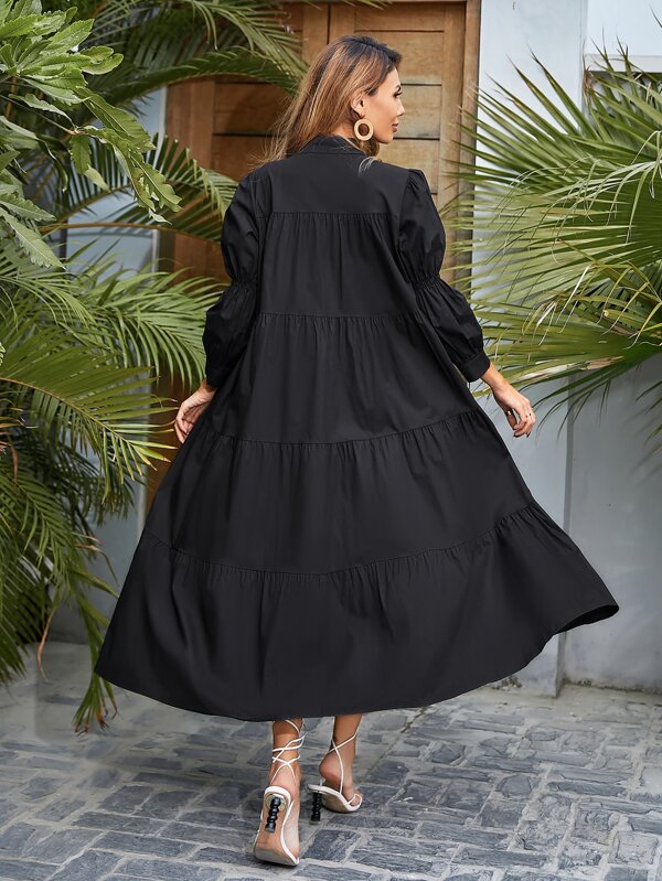 Solid Button Through Babydoll Dress 