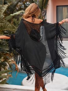 Crochet Panel Fringe Trim Asymmetrical Kimono - Black - View 1
