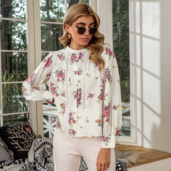 

Floral Print Button Front Contrast Lace Blouse, White