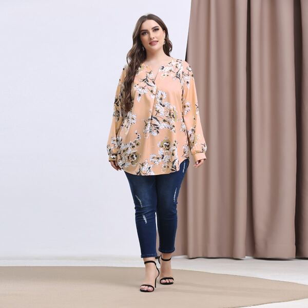 

Plus Notch Neck Curved Hem Floral Blouse, Orange pastel