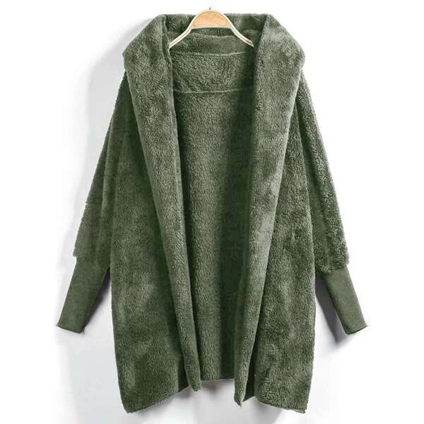 

Plus Open Front Hooded Teddy Coat, Army green