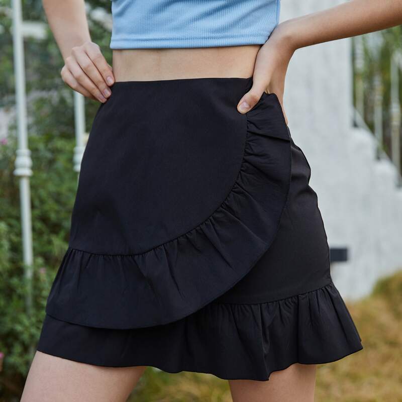 

Ruffle Wrap Skirt, Black