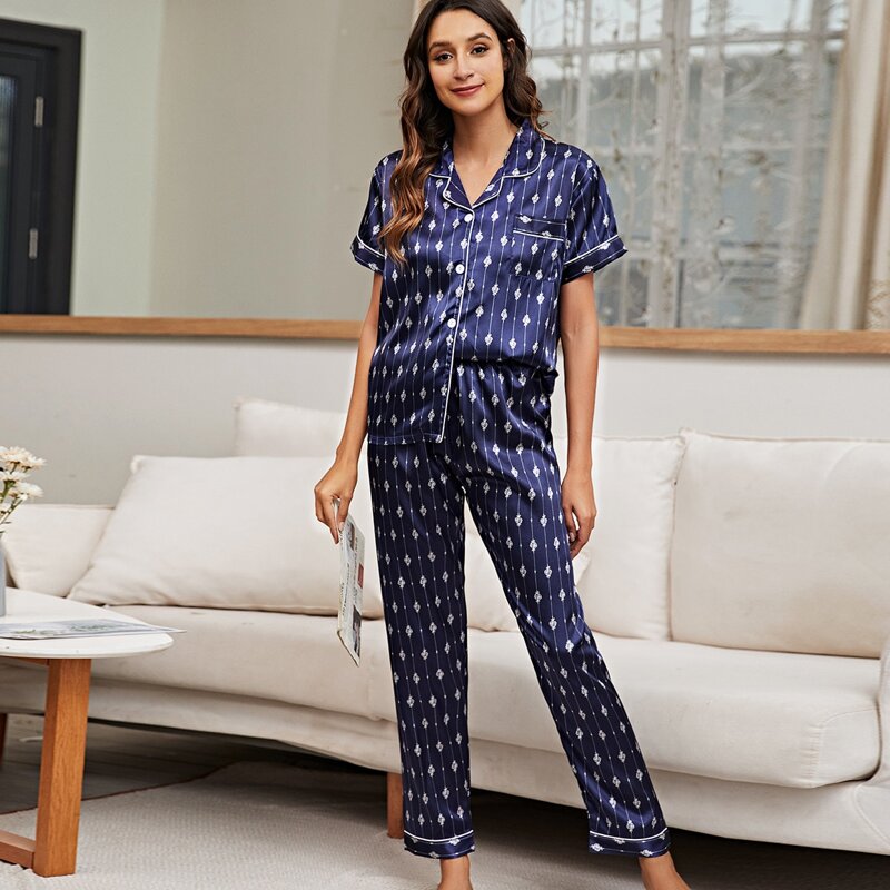 

Satin Button Front Lapel Collar Night Set, Navy blue