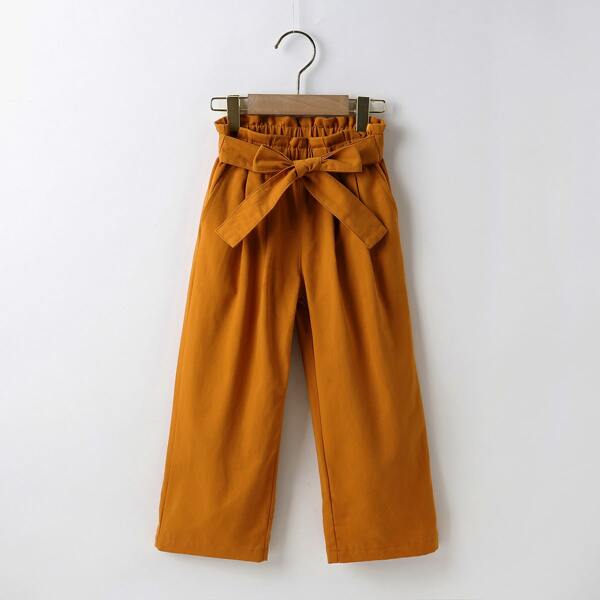 

Toddler Girls Paper Bag Waist Tie Front Wide Leg Pants, Ginger