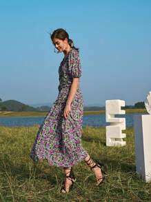 SHEIN 燈籠袖褶邊小碎花洋裝