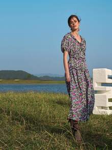 SHEIN 燈籠袖褶邊小碎花洋裝