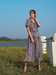 SHEIN 燈籠袖褶邊小碎花洋裝