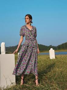 SHEIN 燈籠袖褶邊小碎花洋裝