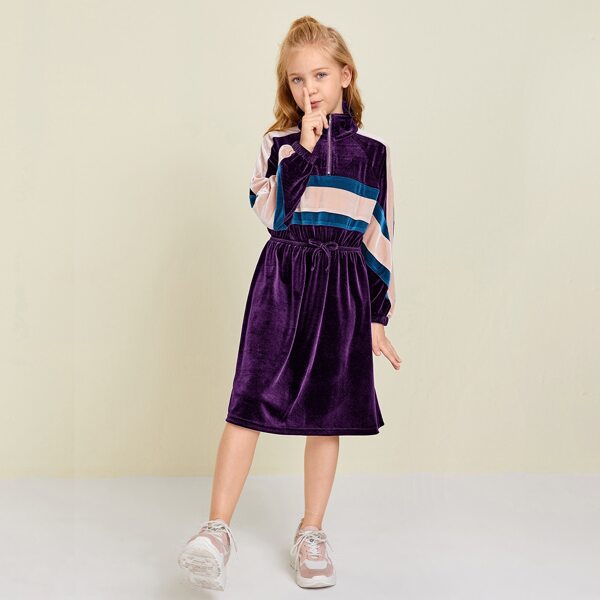 

Girls Knot Front Colorblock Velvet Dress, Purple