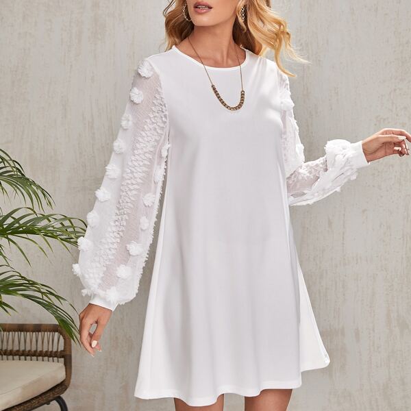 

3D Applique Bishop Sleeve Dress, White