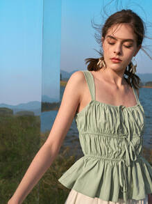 SHEIN Top de tirantes con volantes y cordones con detalle de fruncido - verde menta - Ver 1