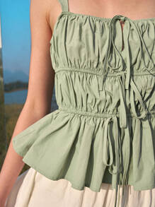 SHEIN Top de tirantes con volantes y cordones con detalle de fruncido - verde menta - Ver 4